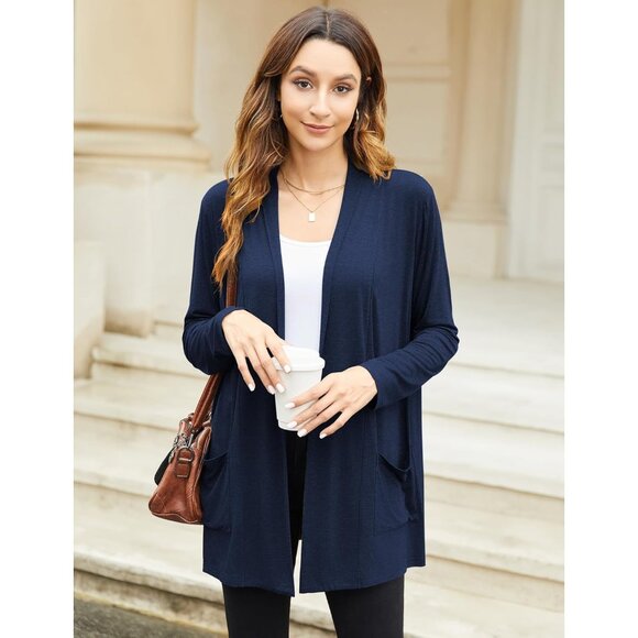 Women's Rayon Cardigan Loose Fit Pockets Open Front Long Sleeve Casual - Picture 2 of 9